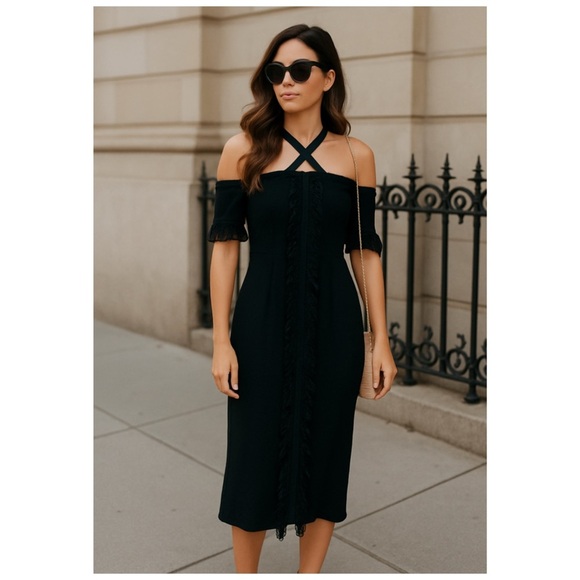 NWT ALICE MCCALL Black Fringe Cold Shoulder Sovereign Midi Dress Size 0 - Picture 3 of 13